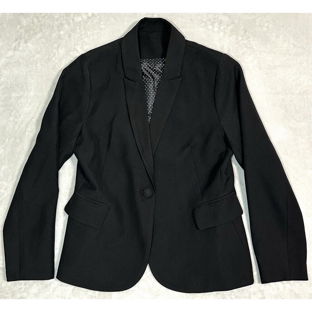 Women's L Black Blazer One Button Polka Dot Lining Suit Jacket Business Casual
